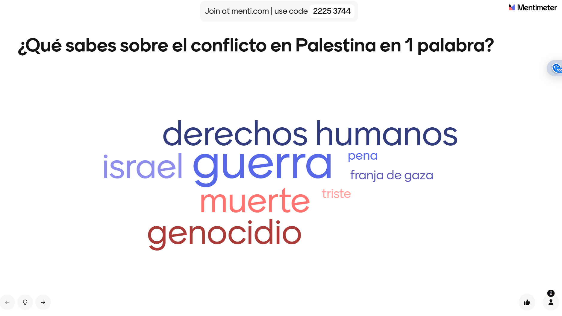 Mentimeter con palabras sobre el conflicto entre Palestina e Israel