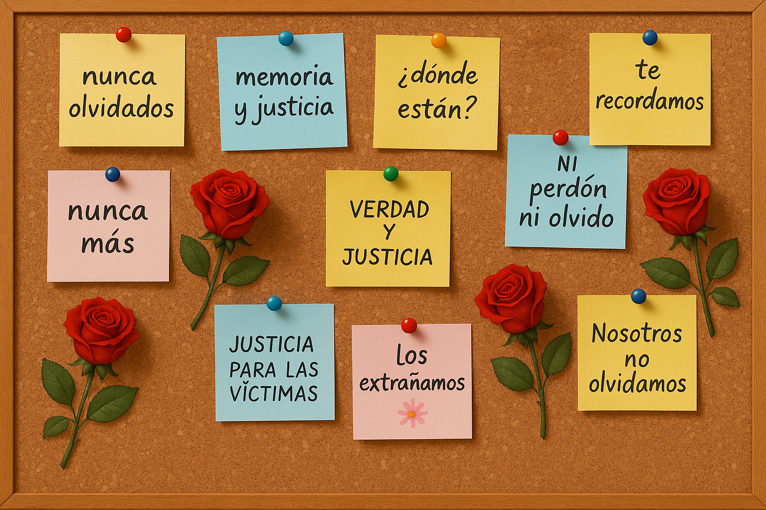 Panel con mensajes Panel de corcho con mensajes en memoria de las víctimas del golpe de Estado